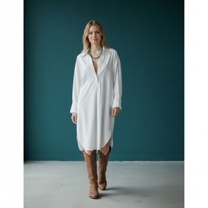 ONA White Oversized Long Sleeve Button Down Shirt Dress Midi